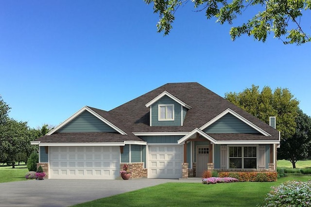 craftsman inspired home featuring a garage and a front yard