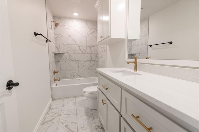 full bath with shower / washtub combination, marble finish floor, toilet, vanity, and baseboards