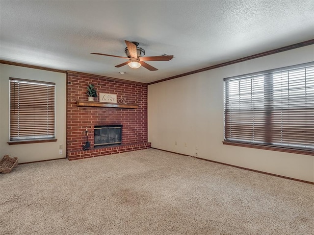 unfurnished living room with light carpet, a textured ceiling, a fireplace, and ceiling fan