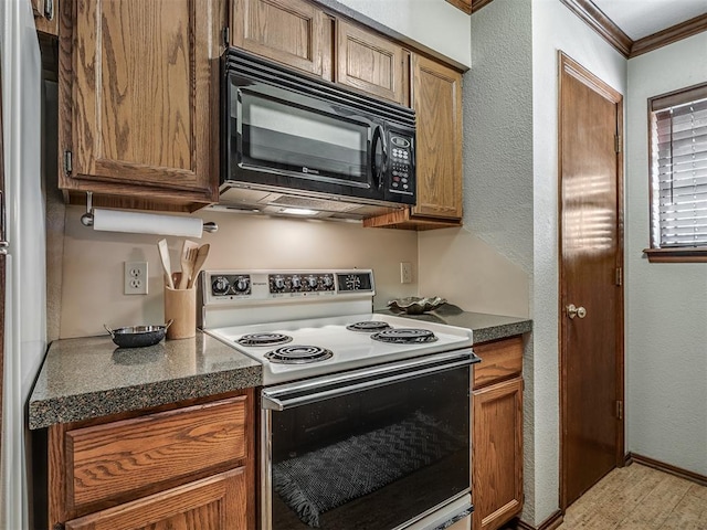 kitchen with wood-type flooring, white electric range, and ornamental molding