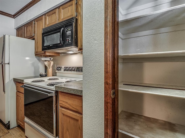 kitchen with electric stove and ornamental molding