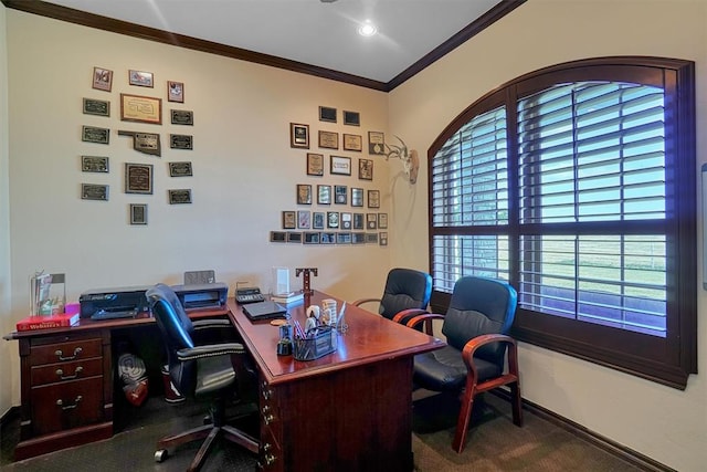 21321 E 1290th Rd, Sentinel, OK 73664 - carpeted office with crown molding and a wealth of natural light