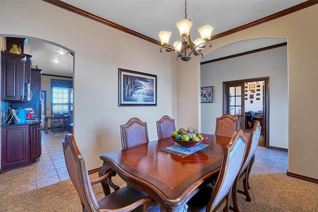 21321 E 1290th Rd, Sentinel, OK 73664 - dining space featuring light tile patterned floors, ornamental molding, and a notable chandelier