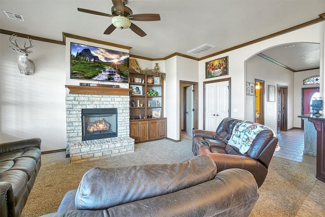 21321 E 1290th Rd, Sentinel, OK 73664 - tiled living room with ceiling fan and crown molding