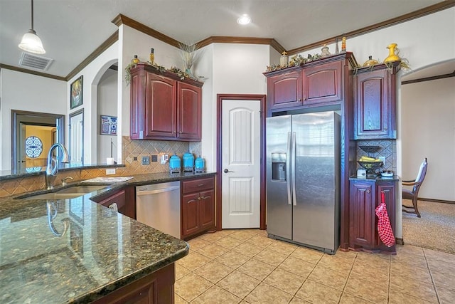 21321 E 1290th Rd, Sentinel, OK 73664 - kitchen featuring sink, hanging light fixtures, stainless steel appliances, crown molding, and light tile patterned flooring