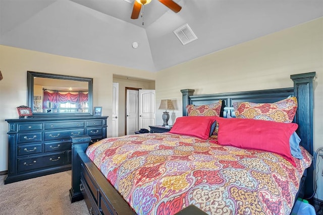 21321 E 1290th Rd, Sentinel, OK 73664 - carpeted bedroom with ceiling fan and high vaulted ceiling