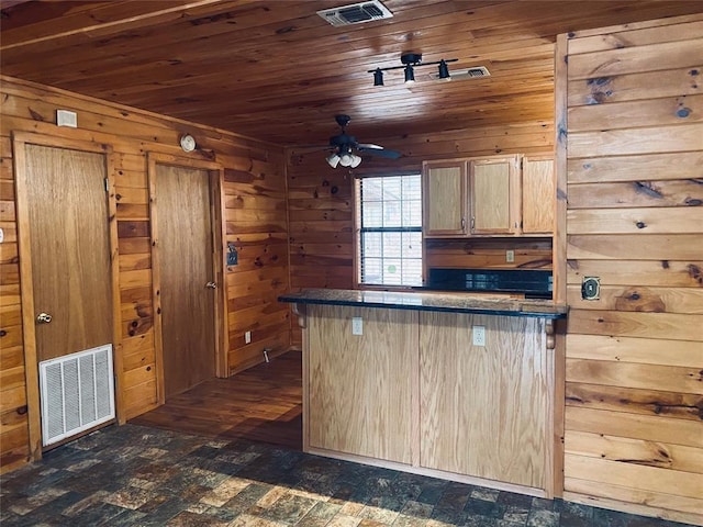 kitchen with light brown cabinetry, ceiling fan, wooden walls, dark wood-type flooring, and wooden ceiling