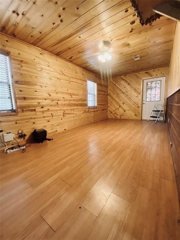 bonus room featuring hardwood / wood-style floors, wooden walls, and wooden ceiling