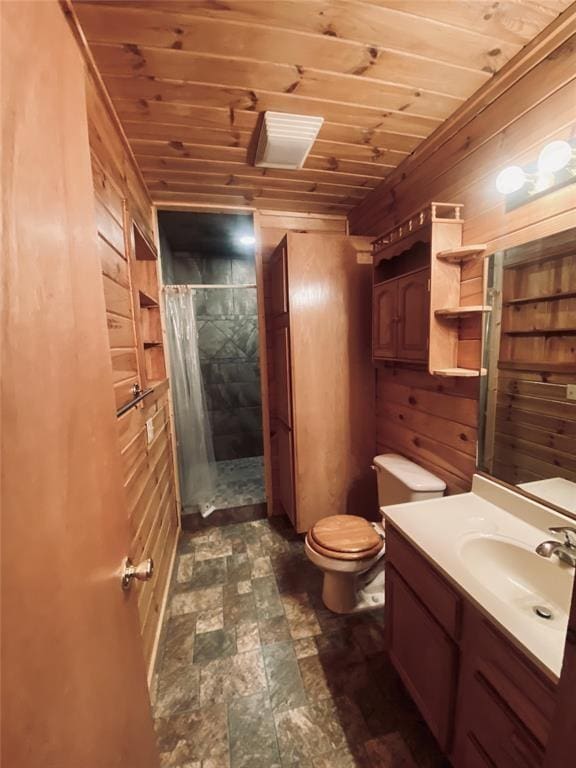 bathroom featuring wooden ceiling, a shower with curtain, toilet, wooden walls, and vanity