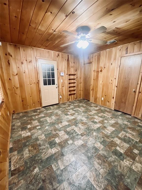 interior space featuring wooden walls and wood ceiling