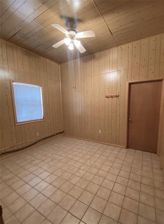 spare room featuring wooden walls, ceiling fan, and wood ceiling