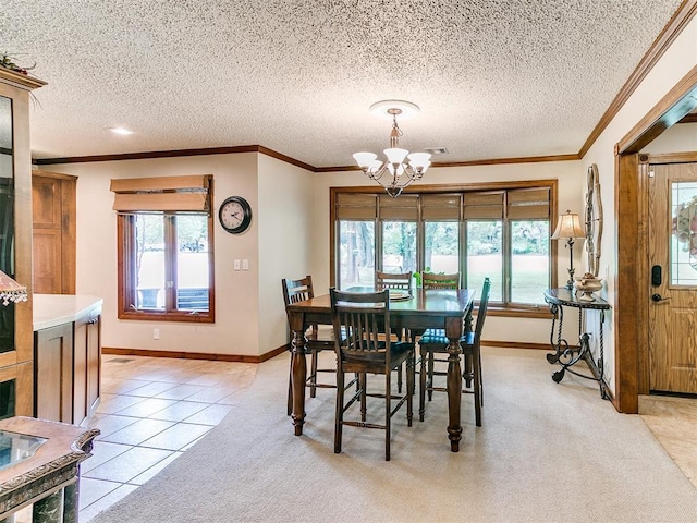 dining area featuring crown molding, light tile patterned floors, a textured ceiling, and an inviting chandelier