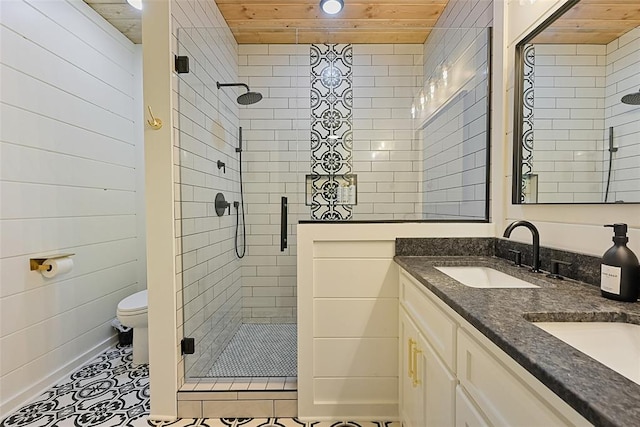 bathroom featuring tile patterned floors, wood ceiling, vanity, toilet, and a shower with shower door