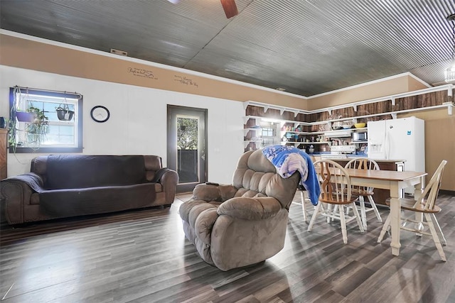 living room with ceiling fan and dark hardwood / wood-style flooring