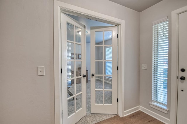 doorway with hardwood / wood-style flooring, plenty of natural light, and french doors