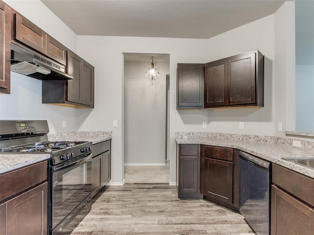 kitchen featuring black appliances, light hardwood / wood-style floors, dark brown cabinetry, and exhaust hood