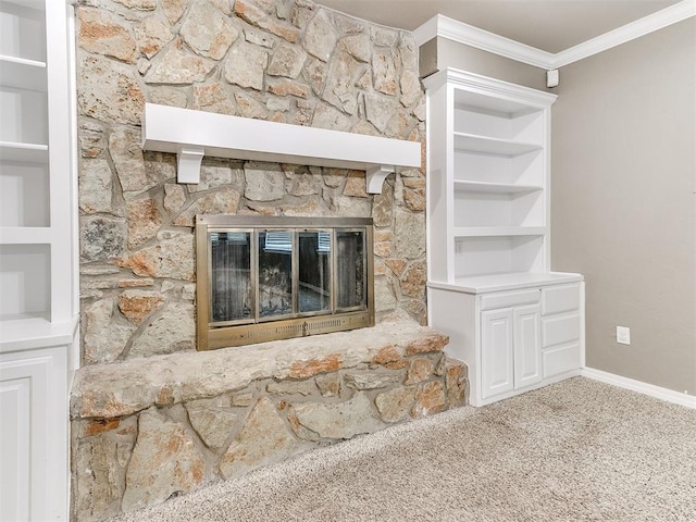 interior details featuring carpet floors, a stone fireplace, and crown molding