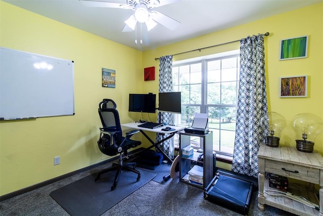 home office featuring carpet and ceiling fan