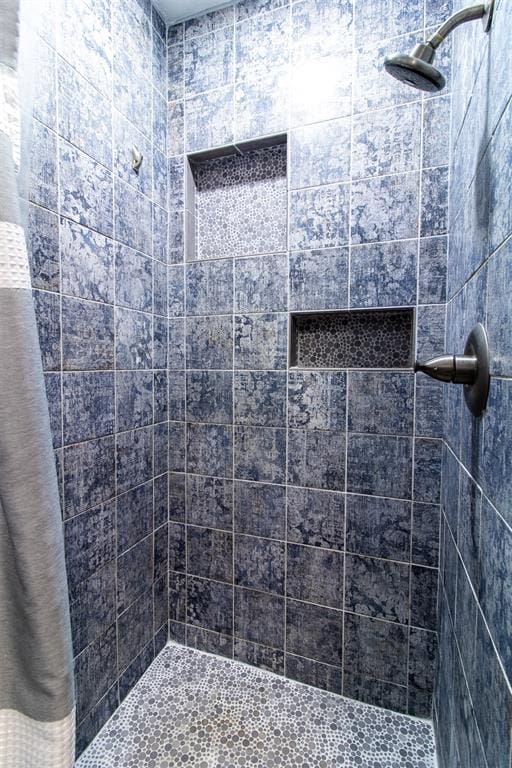 bathroom with a shower with shower curtain