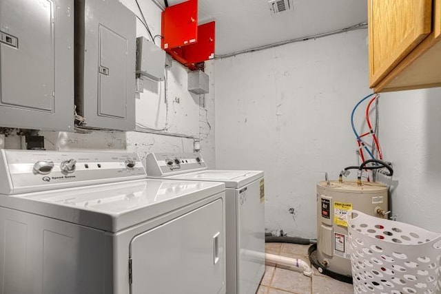 clothes washing area featuring electric panel, electric water heater, cabinets, and independent washer and dryer