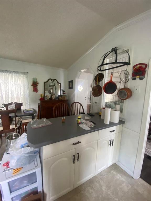 kitchen featuring white cabinetry, crown molding, and vaulted ceiling