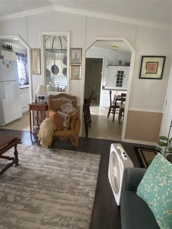 living room featuring vaulted ceiling