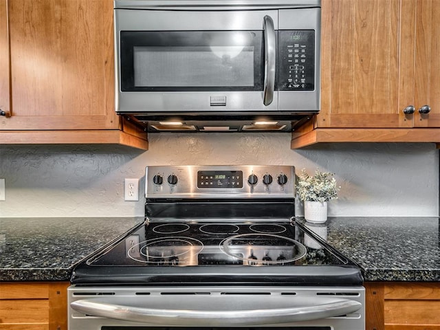 kitchen featuring stainless steel appliances and dark stone counters