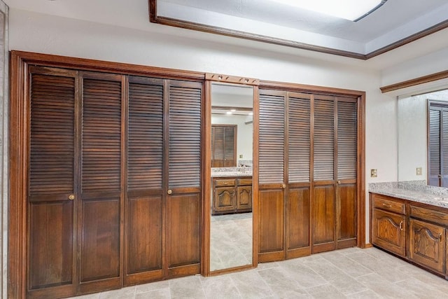 interior space with vanity and a raised ceiling