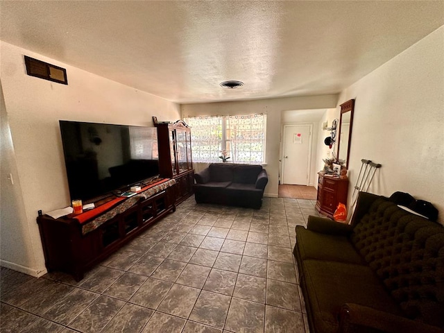 living room featuring a textured ceiling