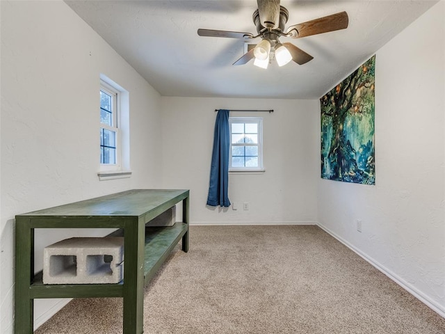 unfurnished office with ceiling fan and light colored carpet