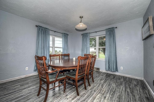 dining room with a textured ceiling, a wealth of natural light, and dark wood-type flooring