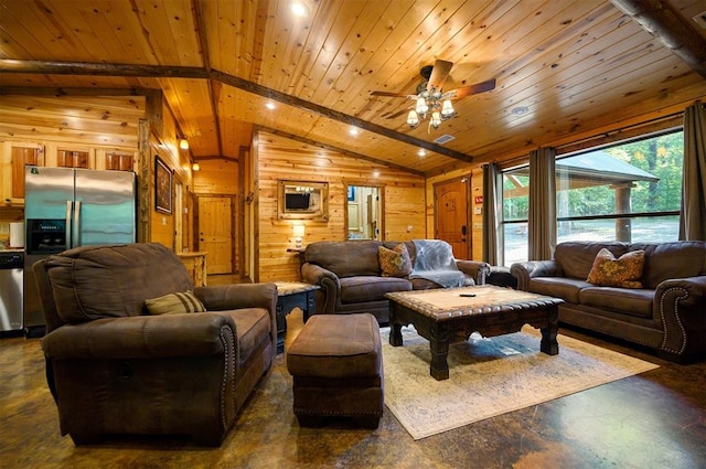 living room with lofted ceiling with beams, ceiling fan, wood walls, and wood ceiling