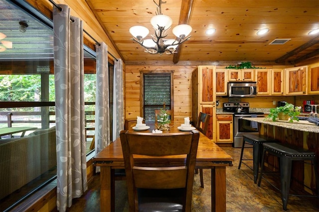 dining area with lofted ceiling, an inviting chandelier, wooden walls, dark hardwood / wood-style floors, and wood ceiling