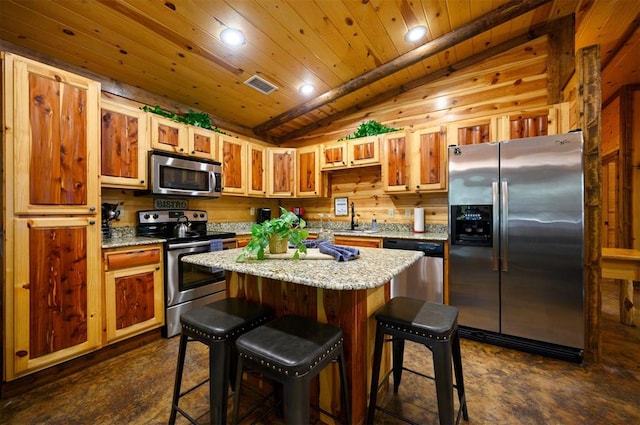 kitchen with a breakfast bar, stainless steel appliances, wooden ceiling, a center island, and lofted ceiling