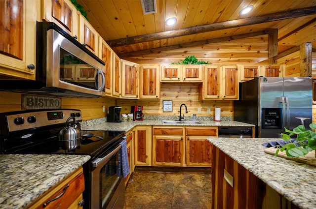 kitchen with wooden ceiling, lofted ceiling with beams, sink, light stone countertops, and stainless steel appliances