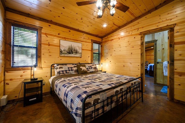 bedroom featuring wooden walls, ceiling fan, lofted ceiling, and wood ceiling