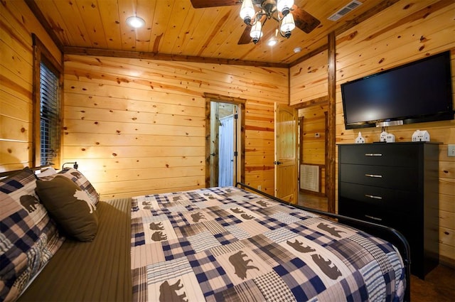 bedroom with ceiling fan, wood walls, lofted ceiling, and wooden ceiling