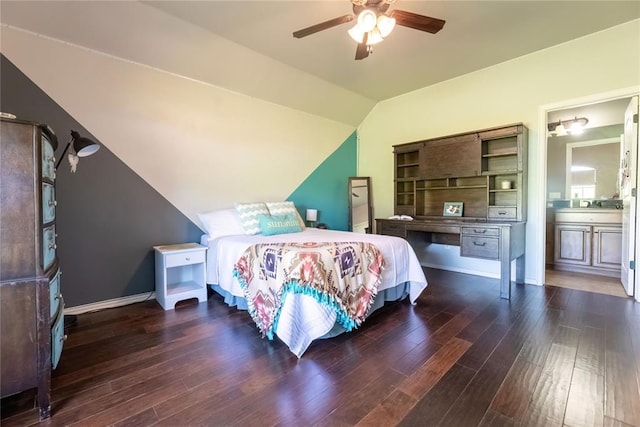 bedroom with dark wood-type flooring, ceiling fan, and vaulted ceiling