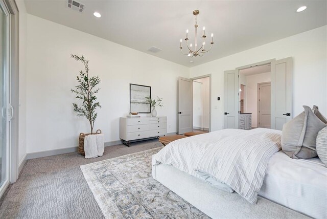 carpeted bedroom with an inviting chandelier