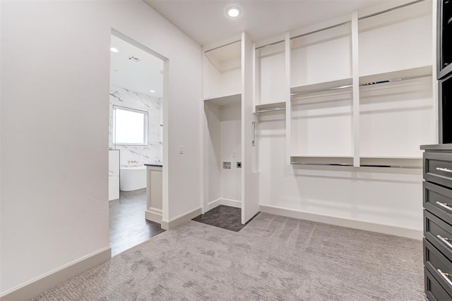 walk in closet featuring carpet flooring