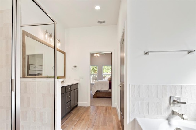 bathroom featuring a bathing tub, vanity, and wood-type flooring