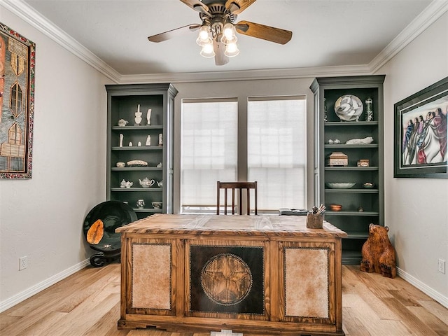 office area with ceiling fan, wood-type flooring, and crown molding