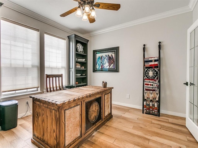 office space with light hardwood / wood-style flooring, ceiling fan, and ornamental molding