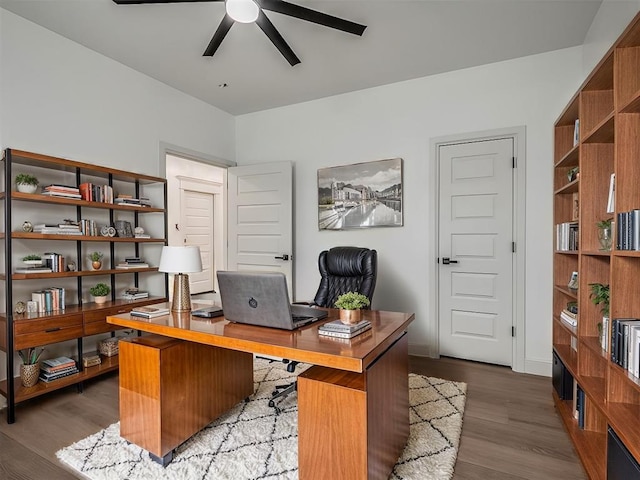 office featuring ceiling fan and dark wood-type flooring