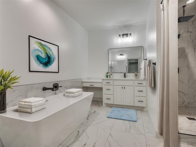 bathroom featuring vanity and separate shower and tub