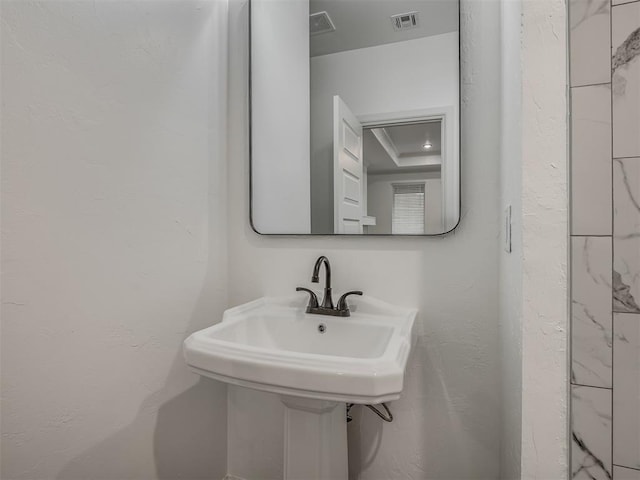 bathroom with a tray ceiling