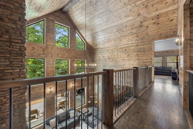 hall featuring high vaulted ceiling, a wealth of natural light, dark wood-type flooring, and wood walls