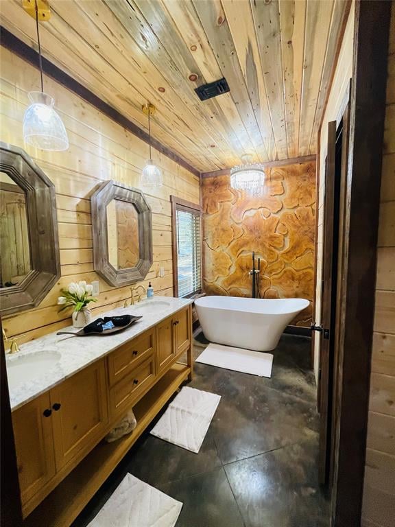 bathroom with vanity, wood walls, wooden ceiling, and a bath