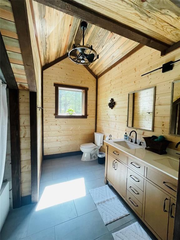 full bathroom with tile patterned floors, wood ceiling, wooden walls, and vaulted ceiling