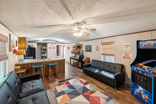 living room featuring lofted ceiling, a textured ceiling, and dark wood-type flooring